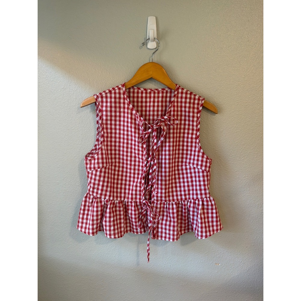 Gingham Peplum Top Women Large Red White Lace Up Tie Sleeveless Cottagecore
